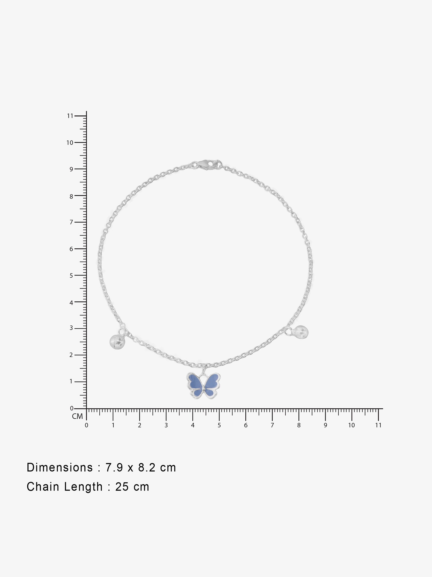 Reverse view of SIJA 925 Silver Blue Butterfly Jingle Anklet BIS 925 hallmark certified sterling silver jewellery