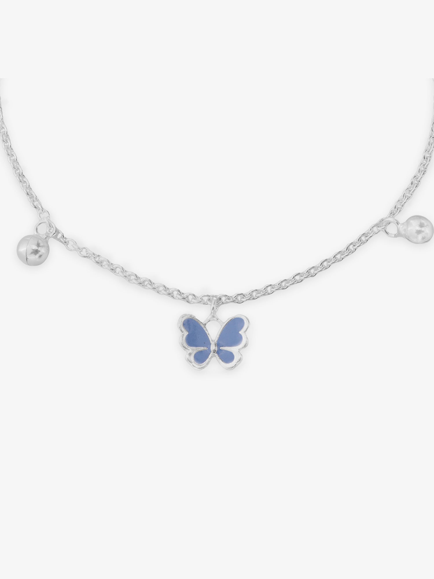 Detailed close up of SIJA 925 Silver Blue Butterfly Jingle Anklet highlighting blue butterfly charm craftsmanship