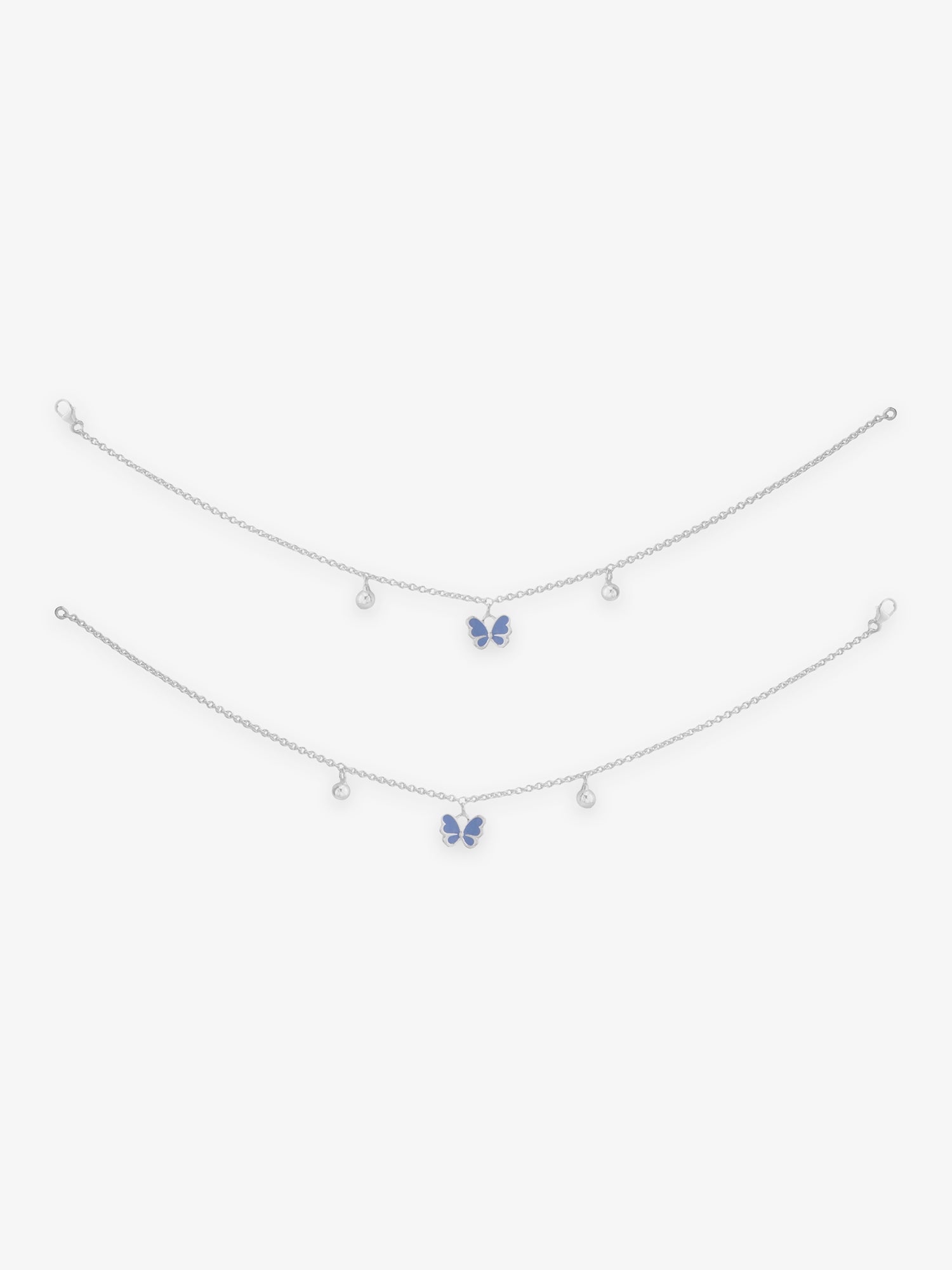 Detailed close up of SIJA 925 Silver Blue Butterfly Jingle Anklet highlighting blue butterfly charm craftsmanship