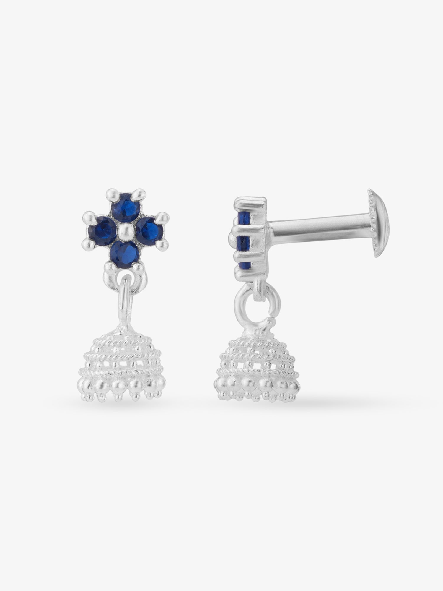 Side view of SIJA 925 Silver Floral Jhumka highlighting handcrafted silver dome and floral detailing