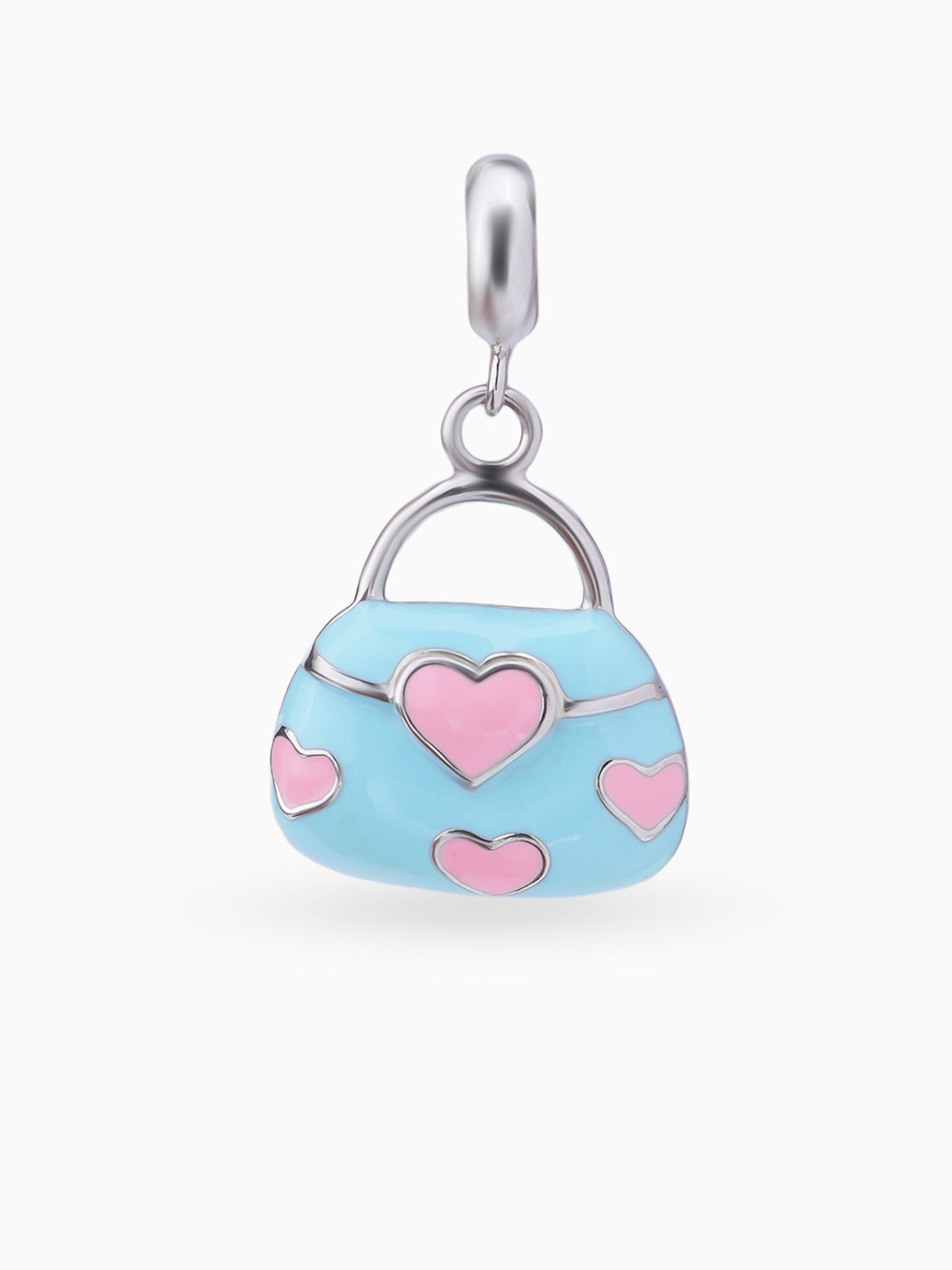 Close up SIJA 925 silver jewellery blue pink heart bag charm handcrafted premium design versatile accessory for everyday wear and special occasions