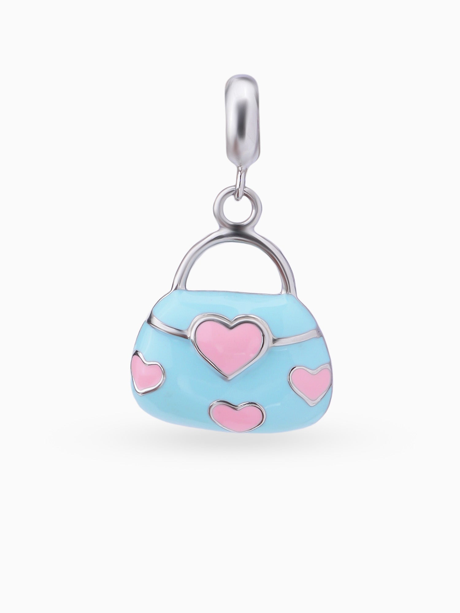 Close up SIJA 925 silver jewellery blue pink heart bag charm handcrafted premium design versatile accessory for everyday wear and special occasions
