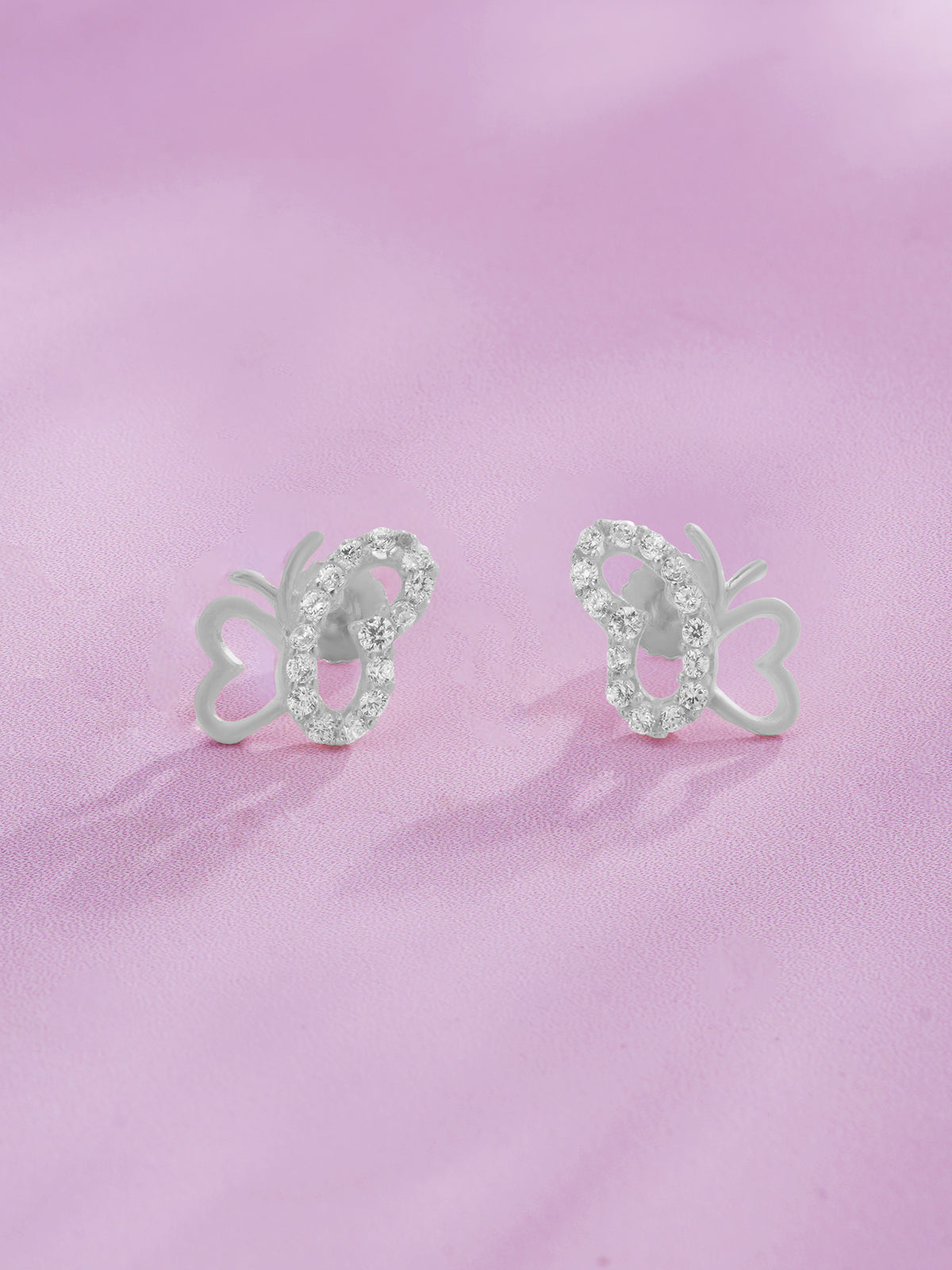 Detailed close up of SIJA 925 Silver Butterflies Stoned Earrings showing butterfly motif with sparkling stones and handcrafted silver finish