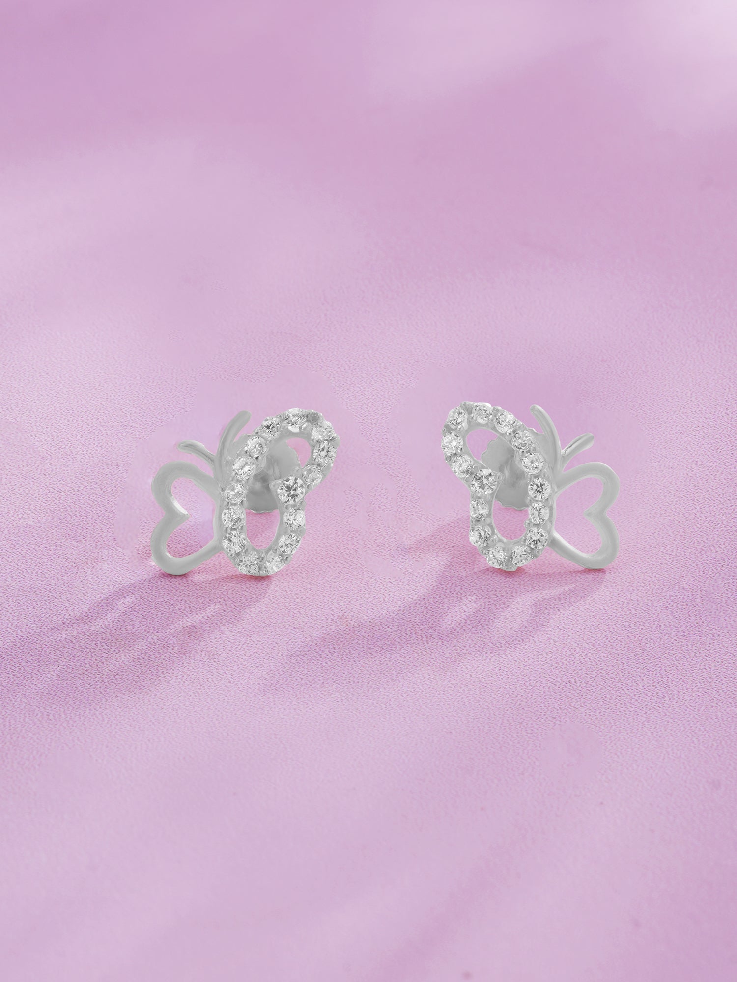 Detailed close up of SIJA 925 Silver Butterflies Stoned Earrings showing butterfly motif with sparkling stones and handcrafted silver finish