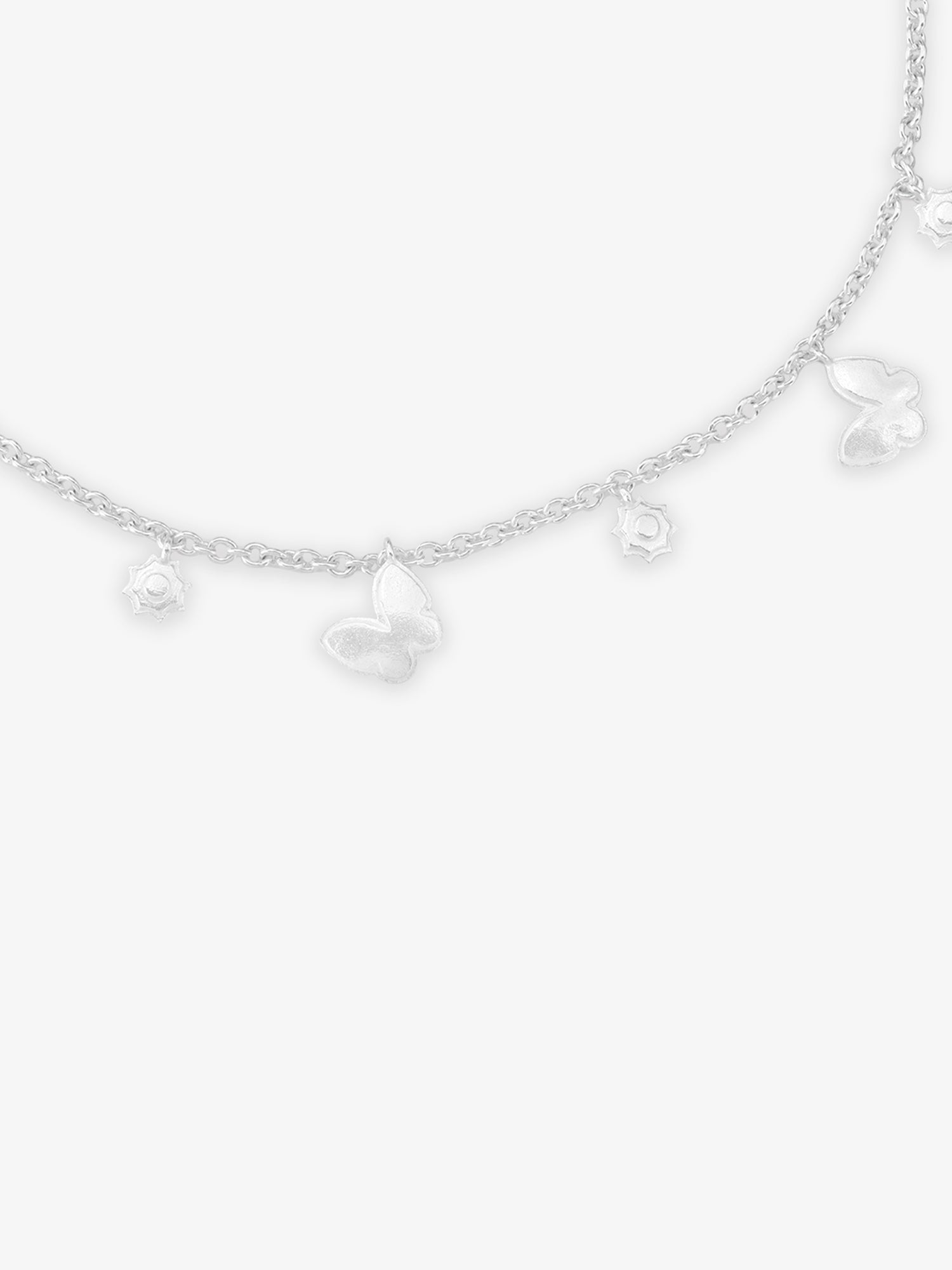 Detailed close up of SIJA 925 Silver Butterfly Bud Anklet highlighting butterfly bud charm craftsmanship