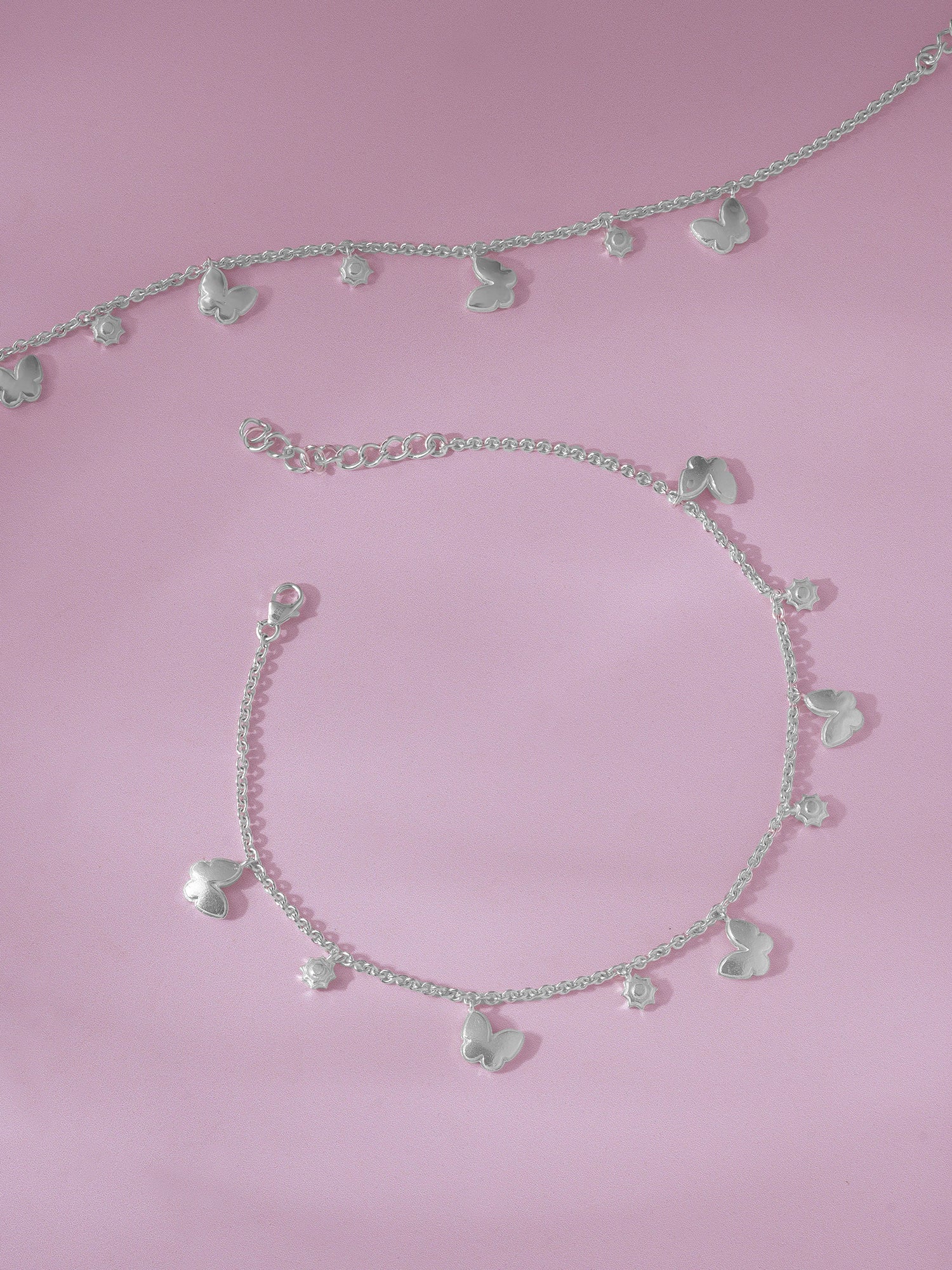 Detailed close up of SIJA 925 Silver Butterfly Bud Anklet highlighting butterfly bud charm craftsmanship