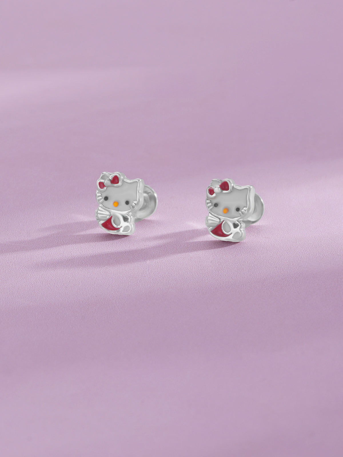Close‑up of SIJA 925 Silver Classic Hello Kitty Stud showing iconic Hello Kitty face detailing handcrafted sterling silver jewellery fun accessory for children
