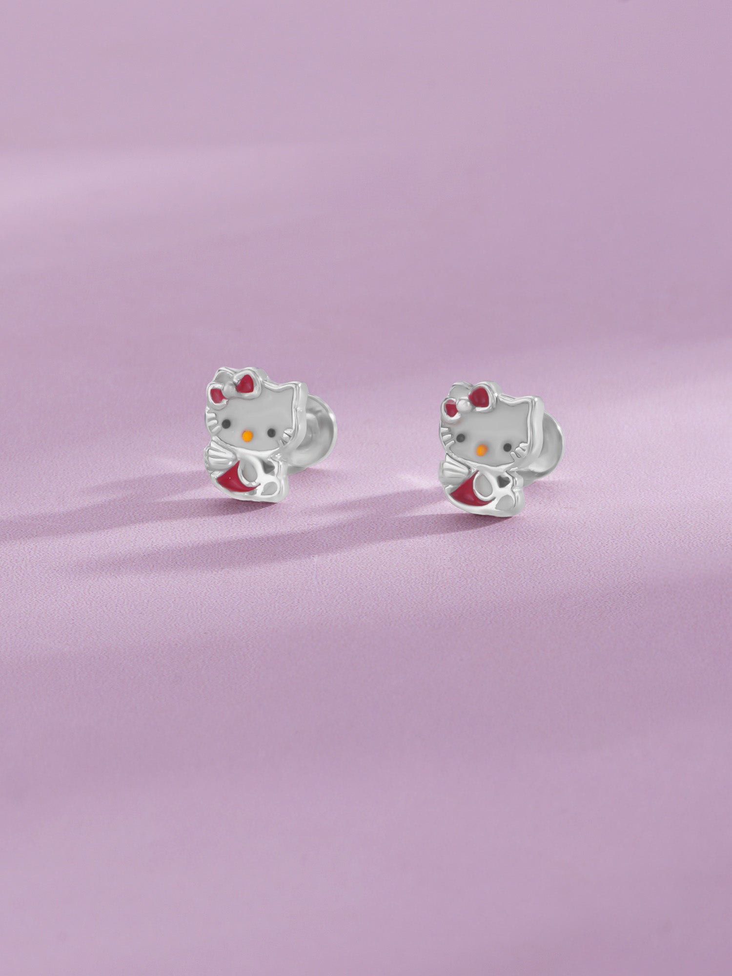 Close‑up of SIJA 925 Silver Classic Hello Kitty Stud showing iconic Hello Kitty face detailing handcrafted sterling silver jewellery fun accessory for children