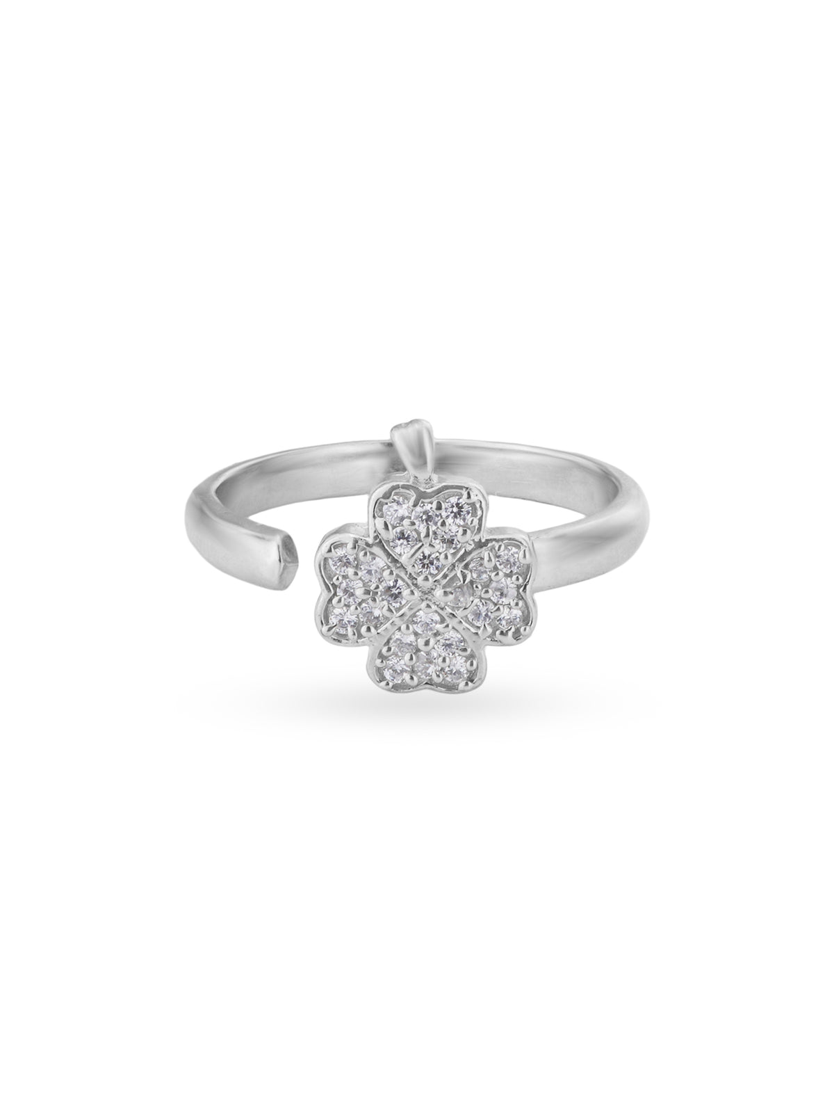 Detailed close up of SIJA 925 Silver Clover Bloom Toe Ring showing clover floral motif and handcrafted silver finish