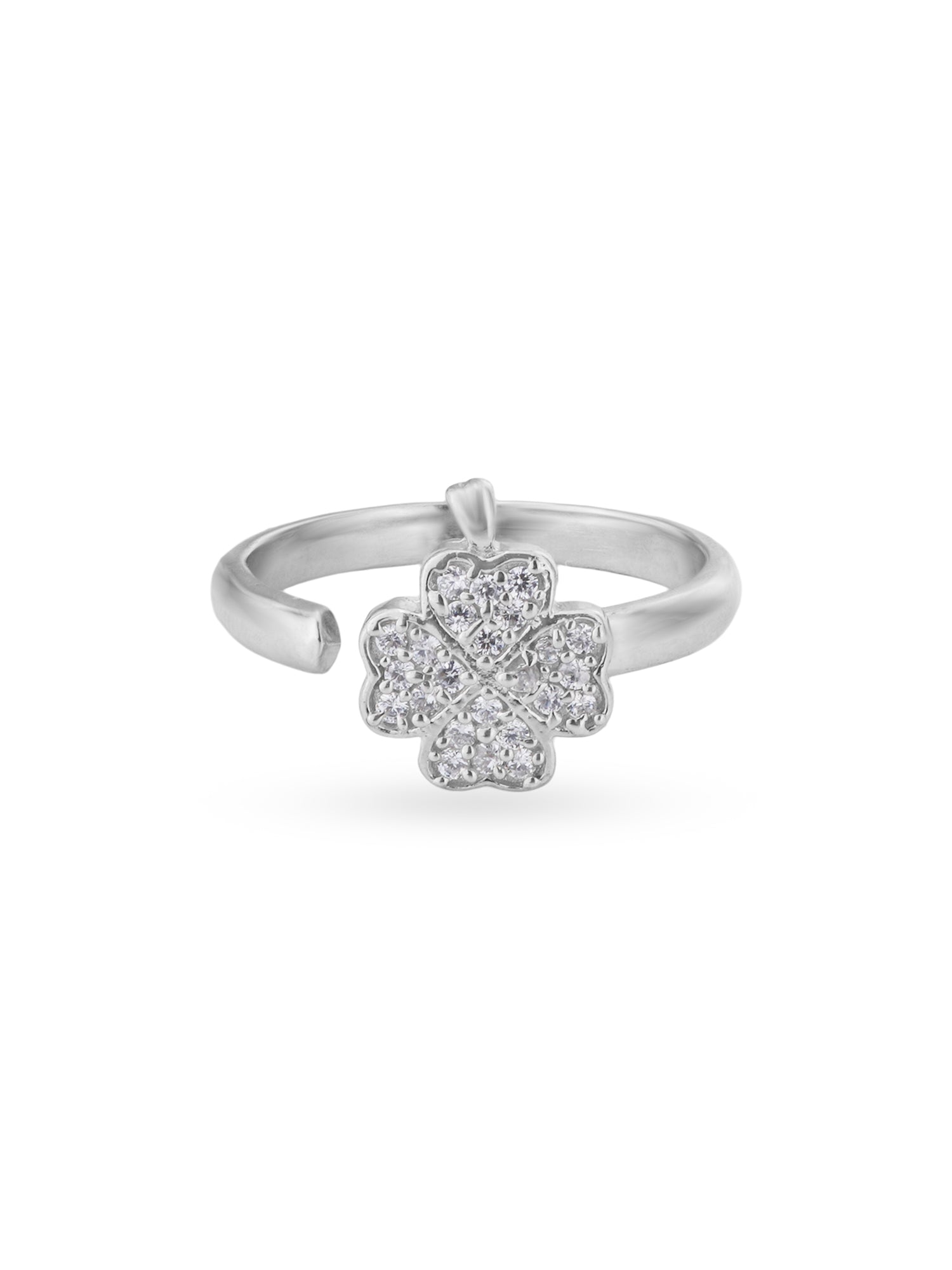 Detailed close up of SIJA 925 Silver Clover Bloom Toe Ring showing clover floral motif and handcrafted silver finish