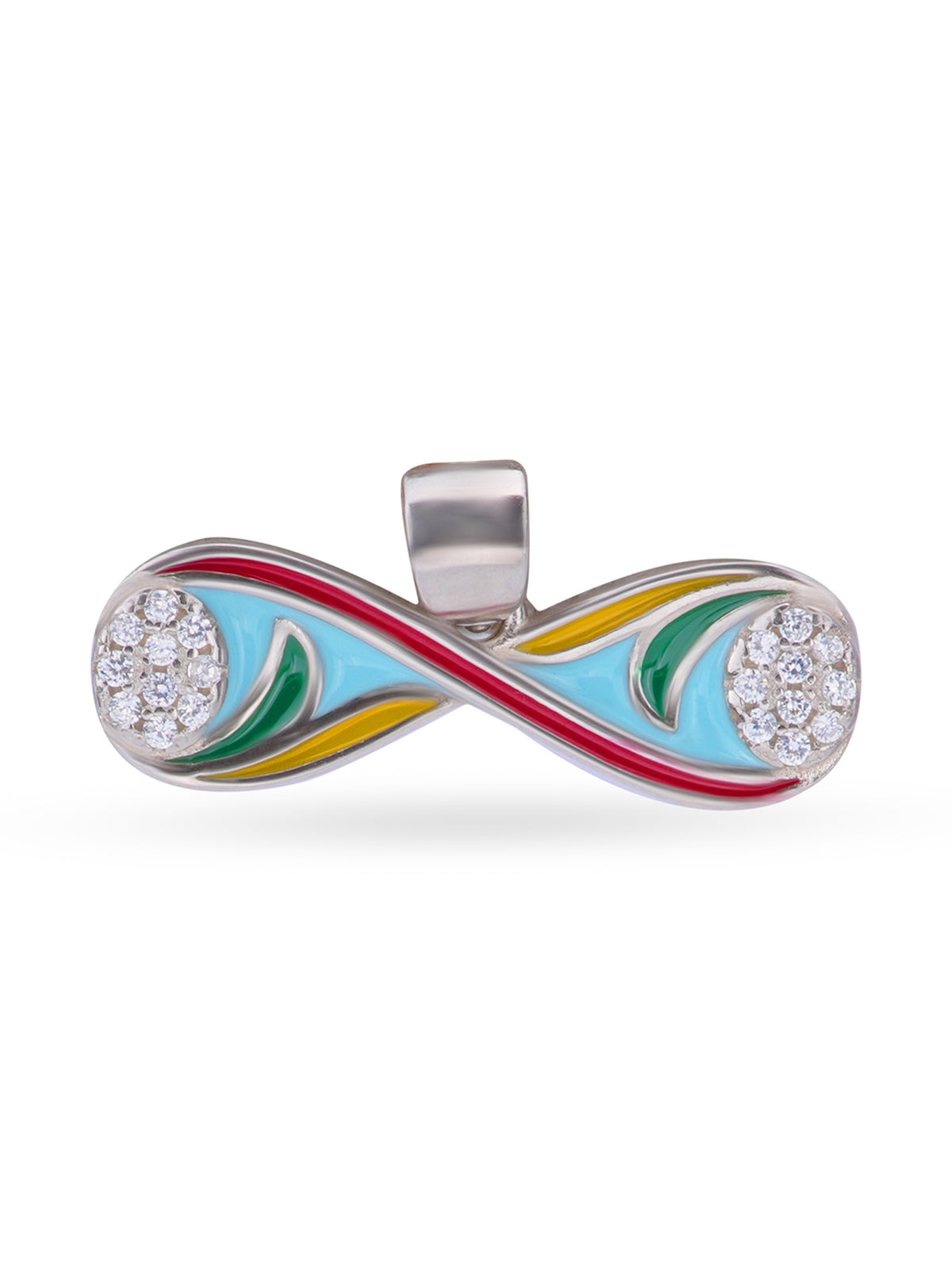 Close up SIJA 925 silver jewellery colorful infinity pendant handcrafted premium design versatile accessory for everyday wear and special occasions