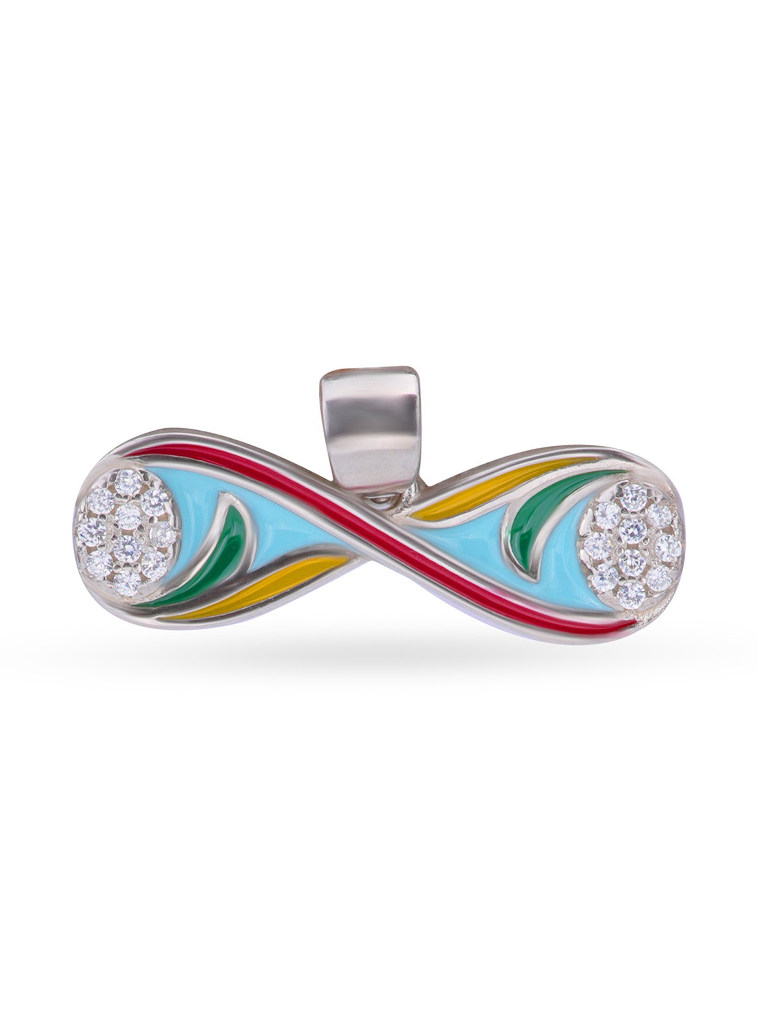 Close up SIJA 925 silver jewellery colorful infinity pendant handcrafted premium design versatile accessory for everyday wear and special occasions