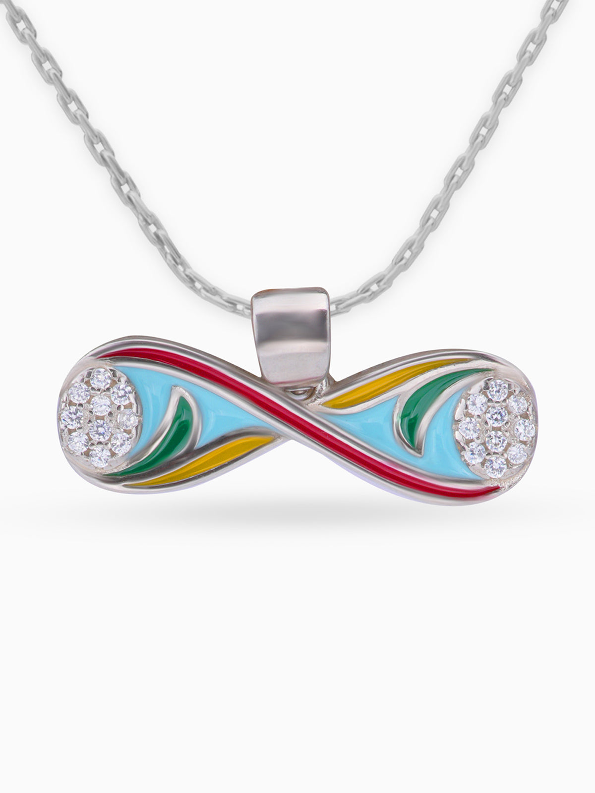 Close up SIJA 925 silver jewellery colorful infinity pendant handcrafted premium design versatile accessory for everyday wear and special occasions