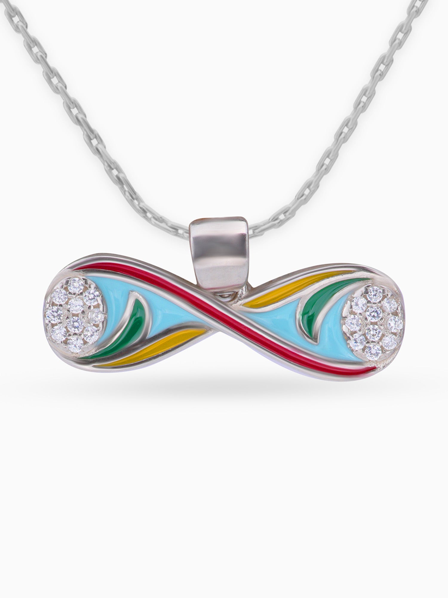 Close up SIJA 925 silver jewellery colorful infinity pendant handcrafted premium design versatile accessory for everyday wear and special occasions