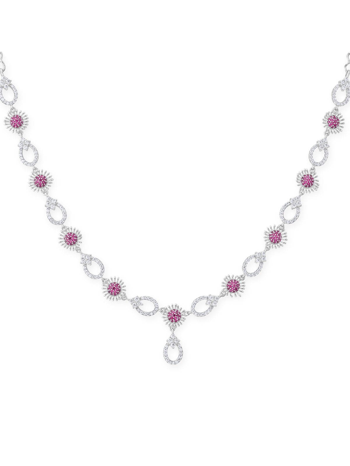 Detailed close up of SIJA Crimson Bloom Necklace & Earrings showing sparkling crimson stones with delicate floral craftsmanship