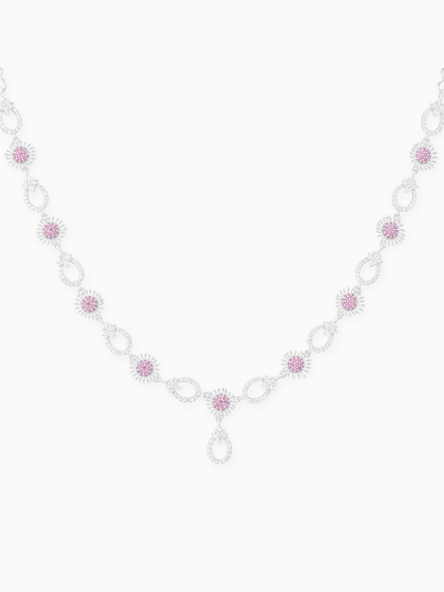 Detailed close up of SIJA Crimson Bloom Necklace & Earrings showing sparkling crimson stones with delicate floral craftsmanship