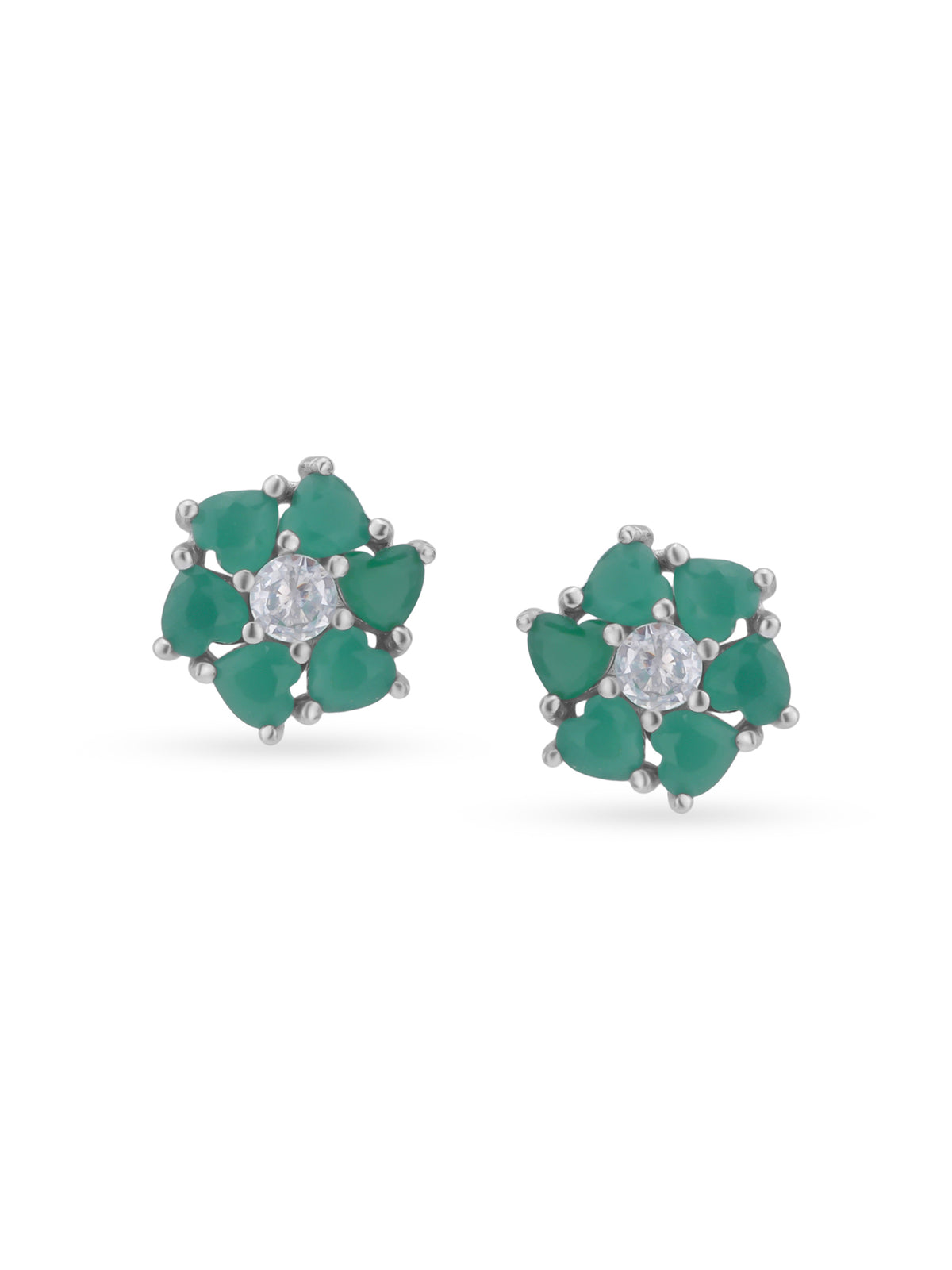 Detailed close up of SIJA Heart Bloom Stud showing sparkling heart stone and delicate bloom motif craftsmanship