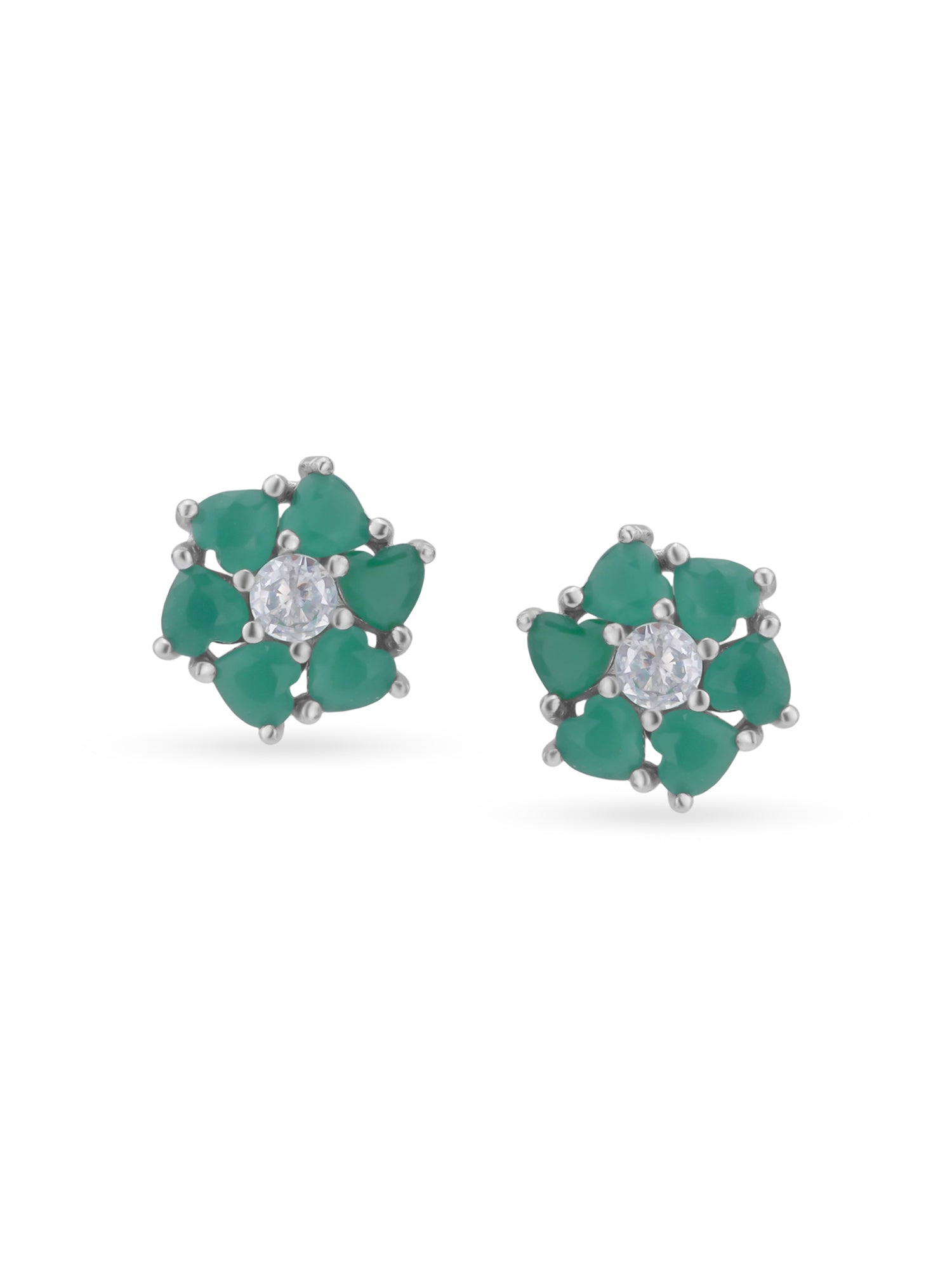 Detailed close up of SIJA Heart Bloom Stud showing sparkling heart stone and delicate bloom motif craftsmanship