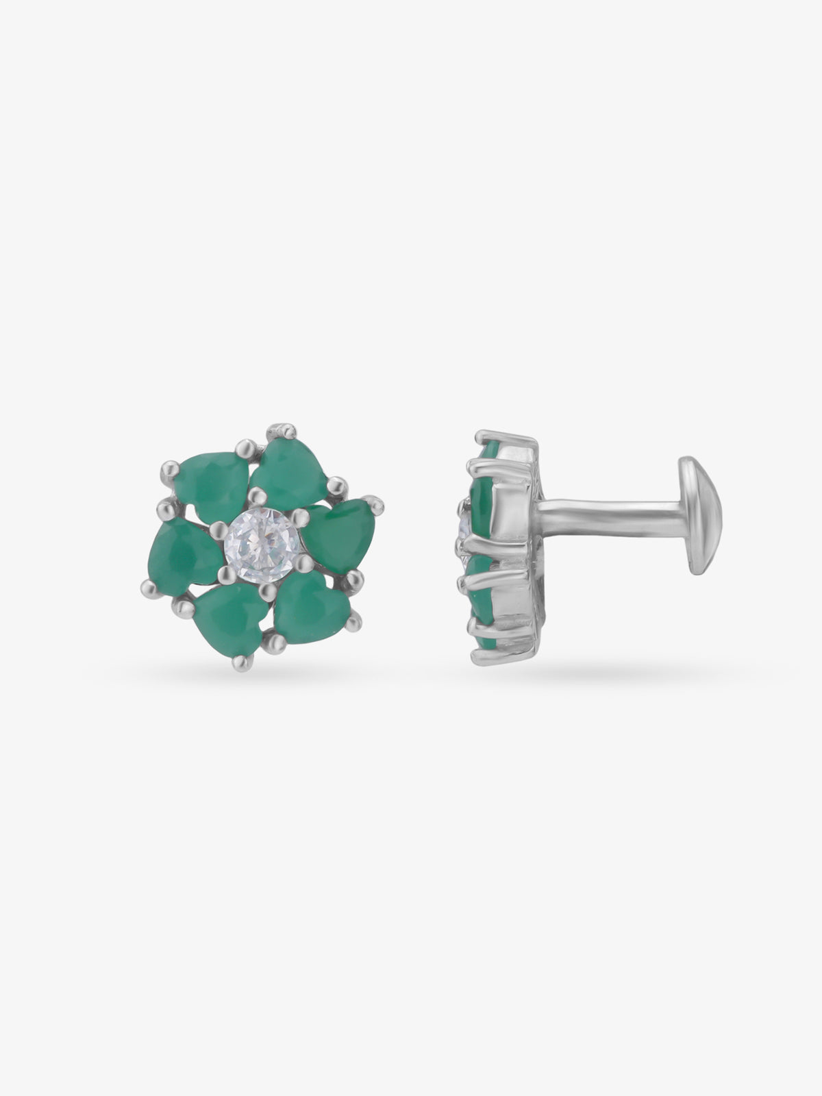 Side view of SIJA 925 Silver Heart Bloom Stud highlighting sleek silver setting with heart bloom charm