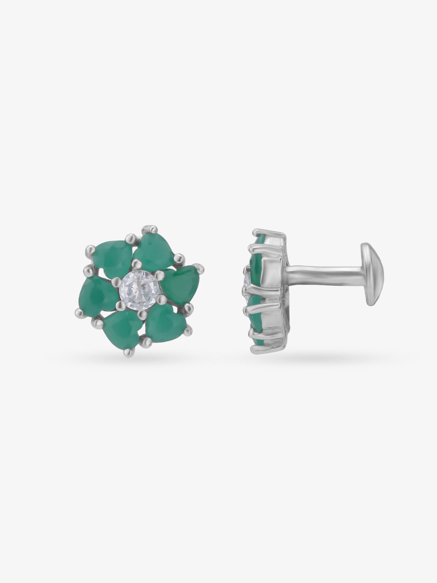 Side view of SIJA 925 Silver Heart Bloom Stud highlighting sleek silver setting with heart bloom charm