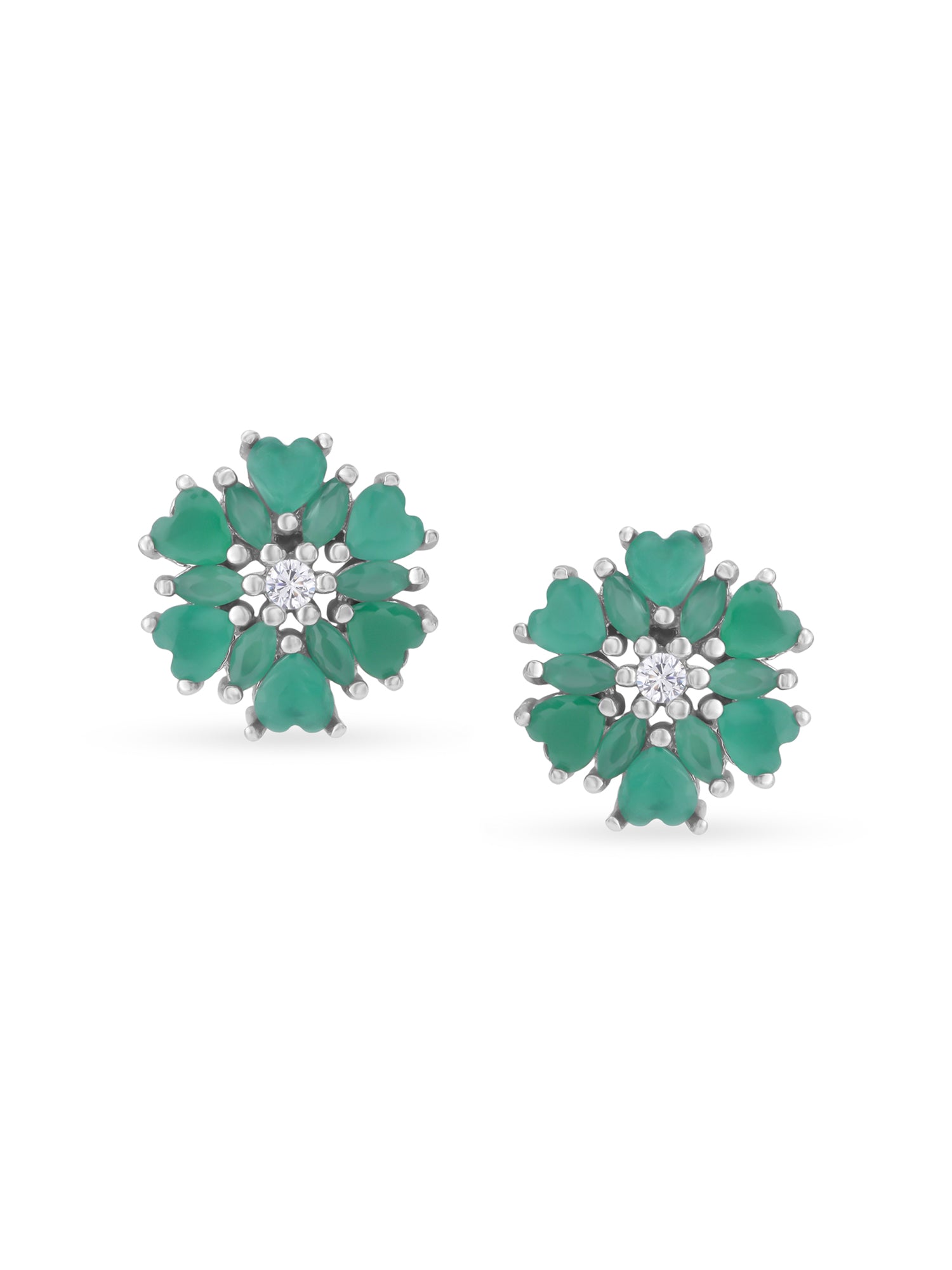 Detailed close up of SIJA Heart Blossom Mini Stud showing delicate heart blossom motif and premium silver craftsmanship