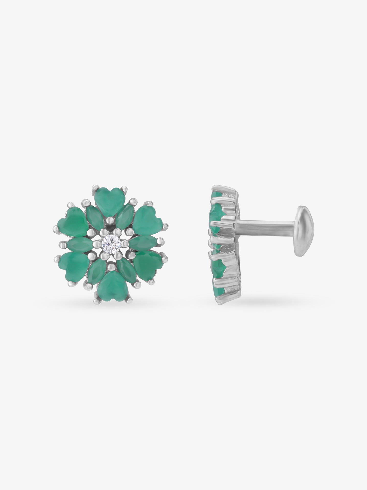 Side view of SIJA 925 Silver Heart Blossom Mini Stud highlighting sleek silver setting and blossom charm
