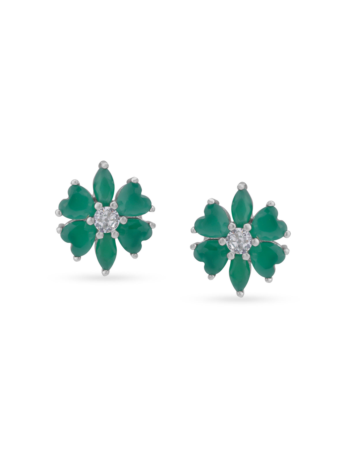 Detailed close up of SIJA Emerald Heart Leaf Stud showing sparkling emerald heart stone and delicate leaf motif craftsmanship