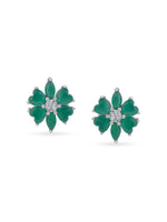 Detailed close up of SIJA Emerald Heart Leaf Stud showing sparkling emerald heart stone and delicate leaf motif craftsmanship