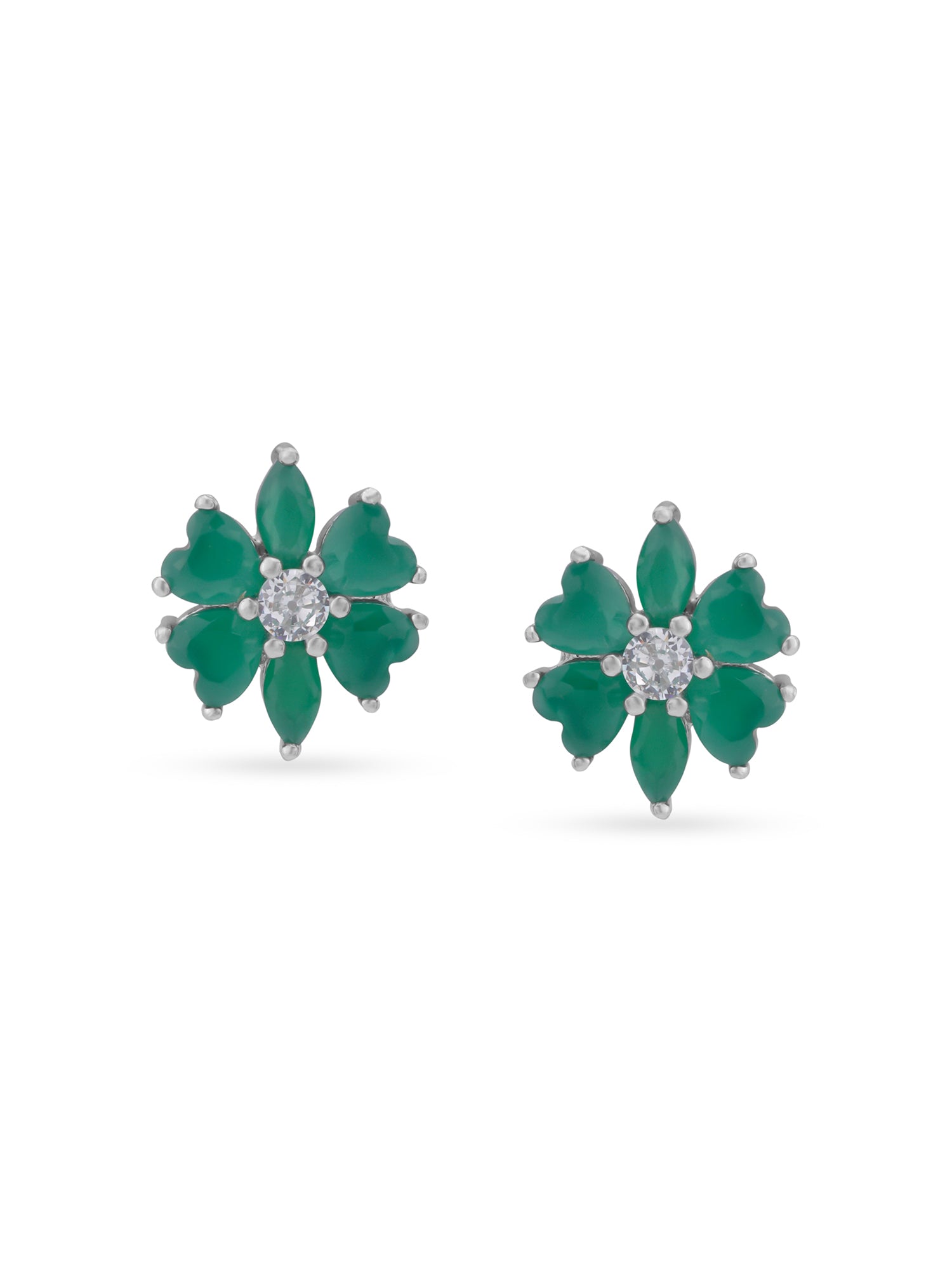Detailed close up of SIJA Emerald Heart Leaf Stud showing sparkling emerald heart stone and delicate leaf motif craftsmanship