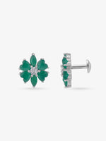 Side view of SIJA 925 Silver Emerald Heart Leaf Stud highlighting sleek silver setting with emerald heart and leaf charm