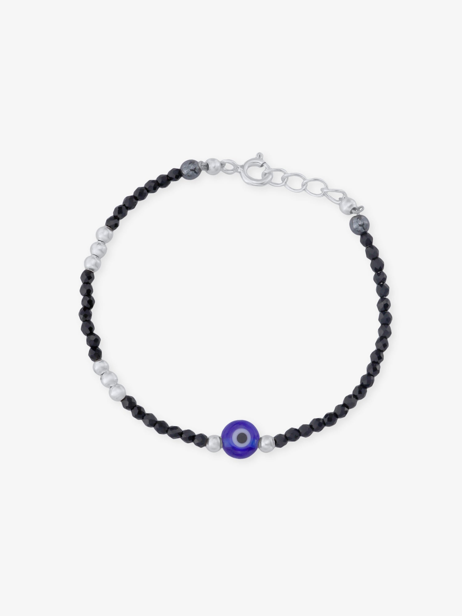 Close‑up of SIJA 925 Silver Evil Eye & Black Beaded Kids Bracelet showing protective evil eye charm with black beads handcrafted sterling silver jewellery