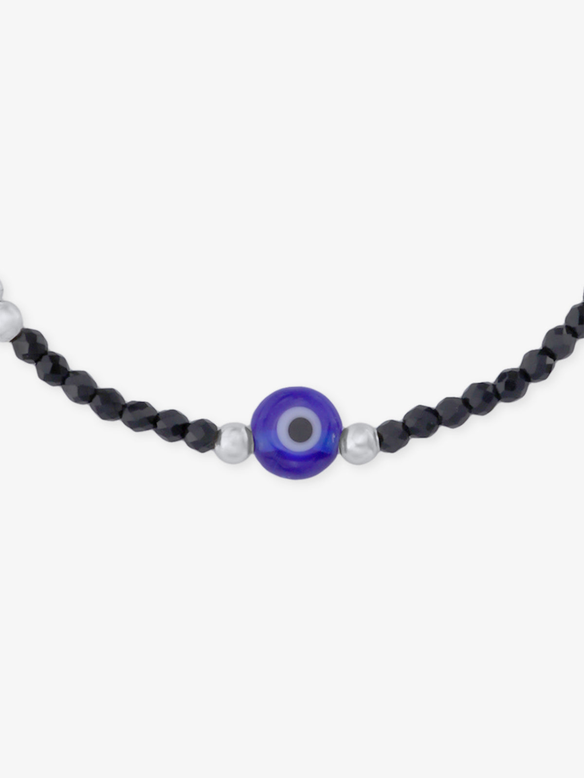 Close‑up of SIJA 925 Silver Evil Eye & Black Beaded Kids Bracelet showing protective evil eye charm with black beads handcrafted sterling silver jewellery