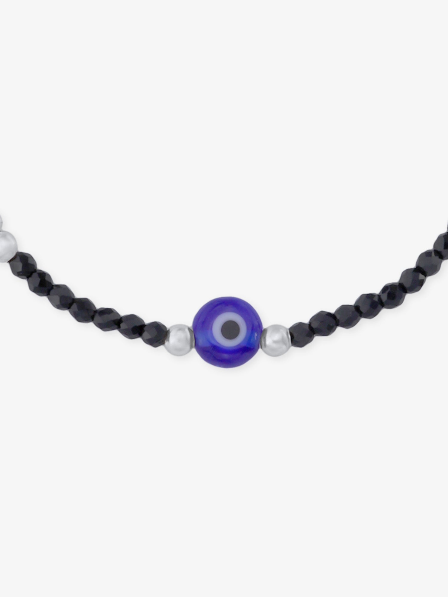 Close‑up of SIJA 925 Silver Evil Eye & Black Beaded Kids Bracelet showing protective evil eye charm with black beads handcrafted sterling silver jewellery