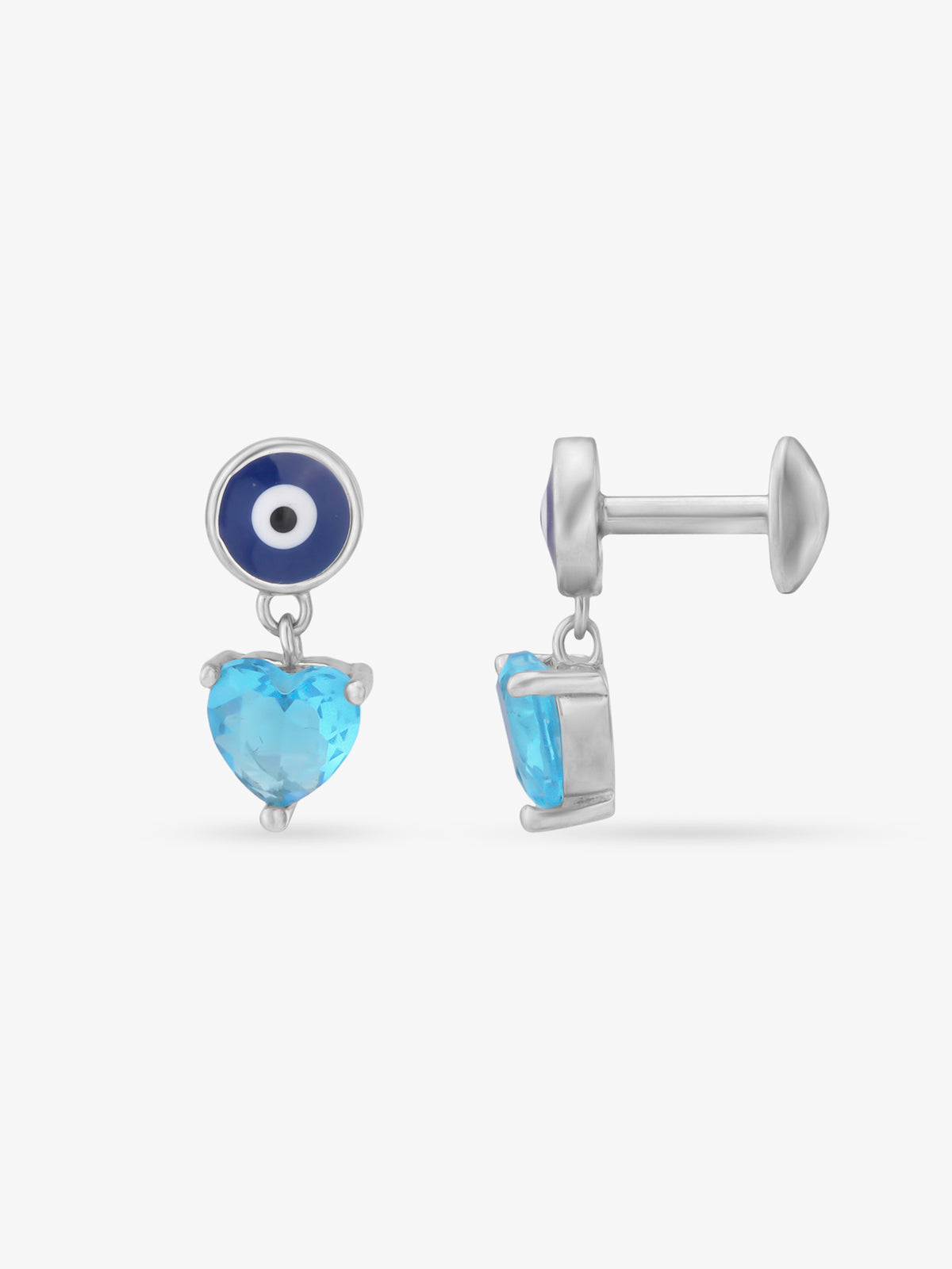 Side view of SIJA 925 Silver Evil Eye Heart Earring highlighting sleek silver setting with evil eye and heart charm