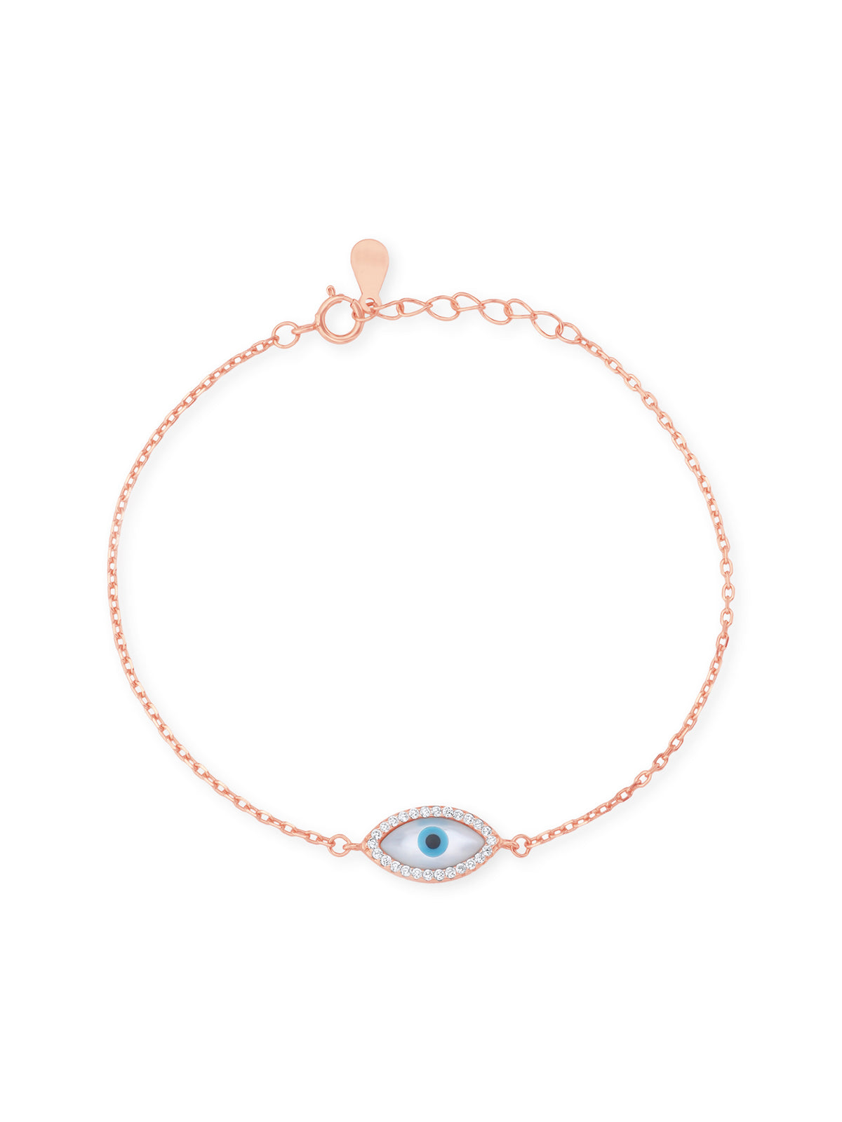 Close‑up of SIJA Rose Gold Evil Eye Chain Bracelet showing protective evil eye charm detailing handcrafted sterling silver jewellery timeless accessory