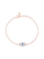 Close‑up of SIJA Rose Gold Evil Eye Chain Bracelet showing protective evil eye charm detailing handcrafted sterling silver jewellery timeless accessory