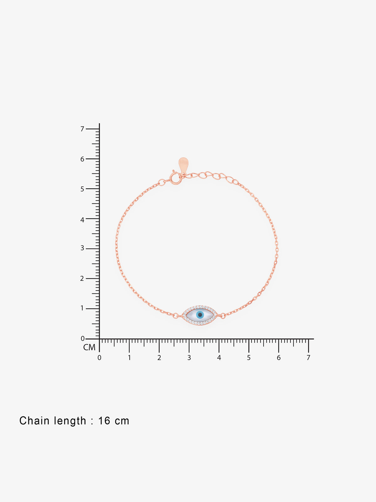Reverse of SIJA Rose Gold Evil Eye Chain Bracelet showing BIS 925 hallmark stamp certified sterling silver jewellery authenticity and quality assurance