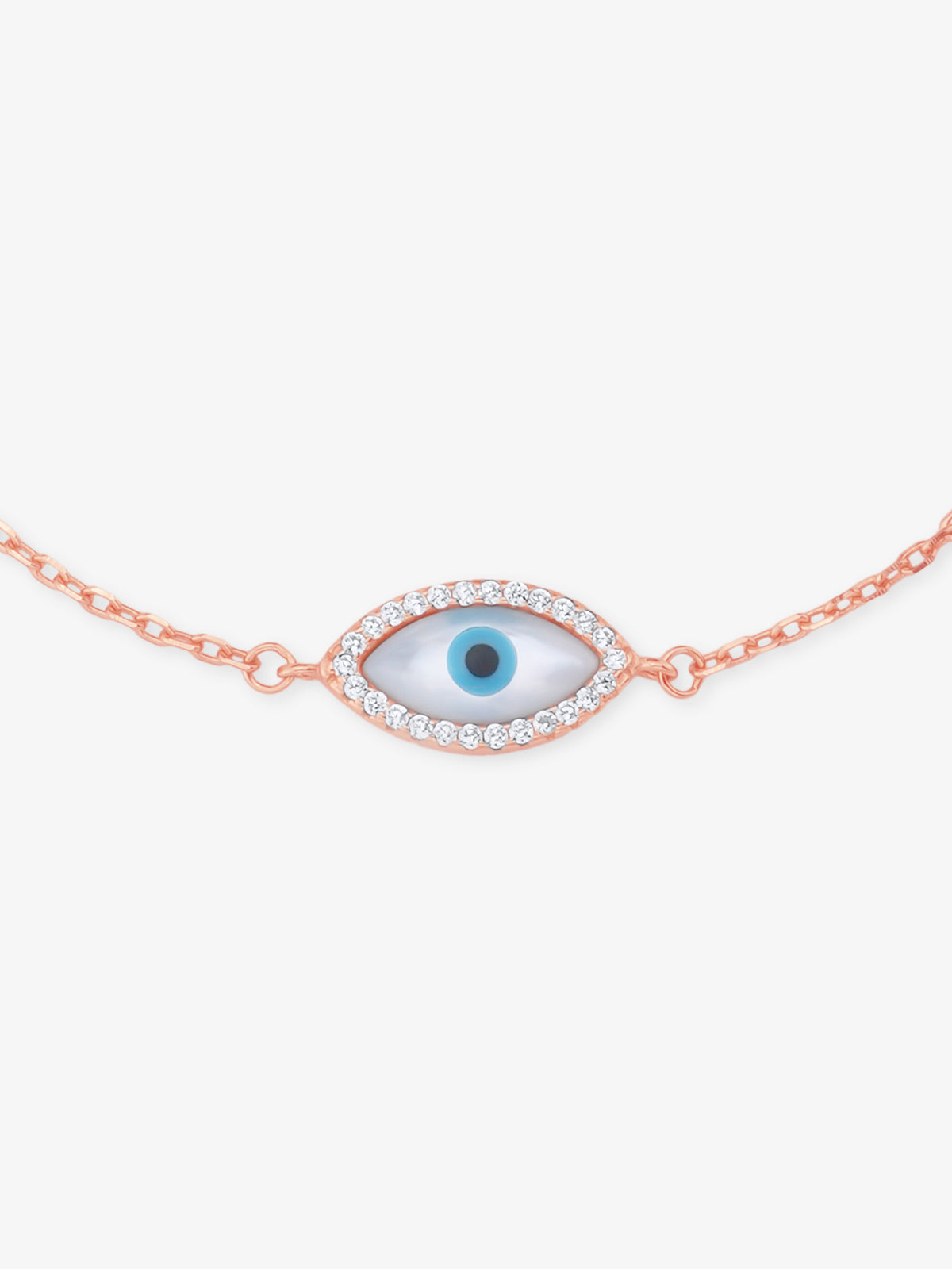 Close‑up of SIJA Rose Gold Evil Eye Chain Bracelet showing protective evil eye charm detailing handcrafted sterling silver jewellery timeless accessory