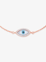 Close‑up of SIJA Rose Gold Evil Eye Chain Bracelet showing protective evil eye charm detailing handcrafted sterling silver jewellery timeless accessory