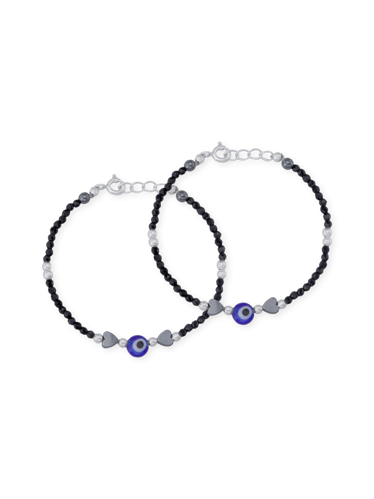 Detailed view of SIJA 925 Silver Evil Eye & Heart Black Beaded Kids Bracelet highlighting ornamental finish polished sterling silver craftsmanship delicate bead setting
