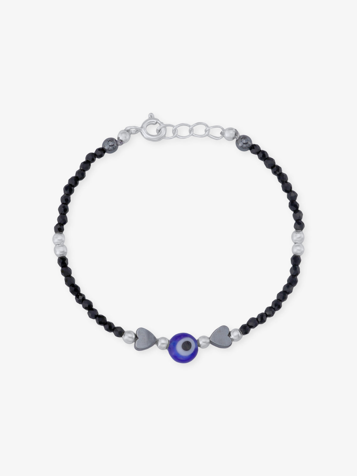 Detailed view of SIJA 925 Silver Evil Eye & Heart Black Beaded Kids Bracelet highlighting ornamental finish polished sterling silver craftsmanship delicate bead setting