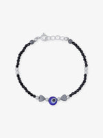 Detailed view of SIJA 925 Silver Evil Eye & Heart Black Beaded Kids Bracelet highlighting ornamental finish polished sterling silver craftsmanship delicate bead setting