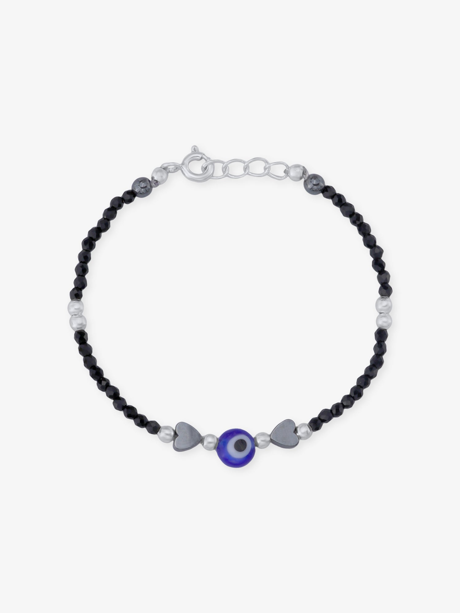 Detailed view of SIJA 925 Silver Evil Eye & Heart Black Beaded Kids Bracelet highlighting ornamental finish polished sterling silver craftsmanship delicate bead setting