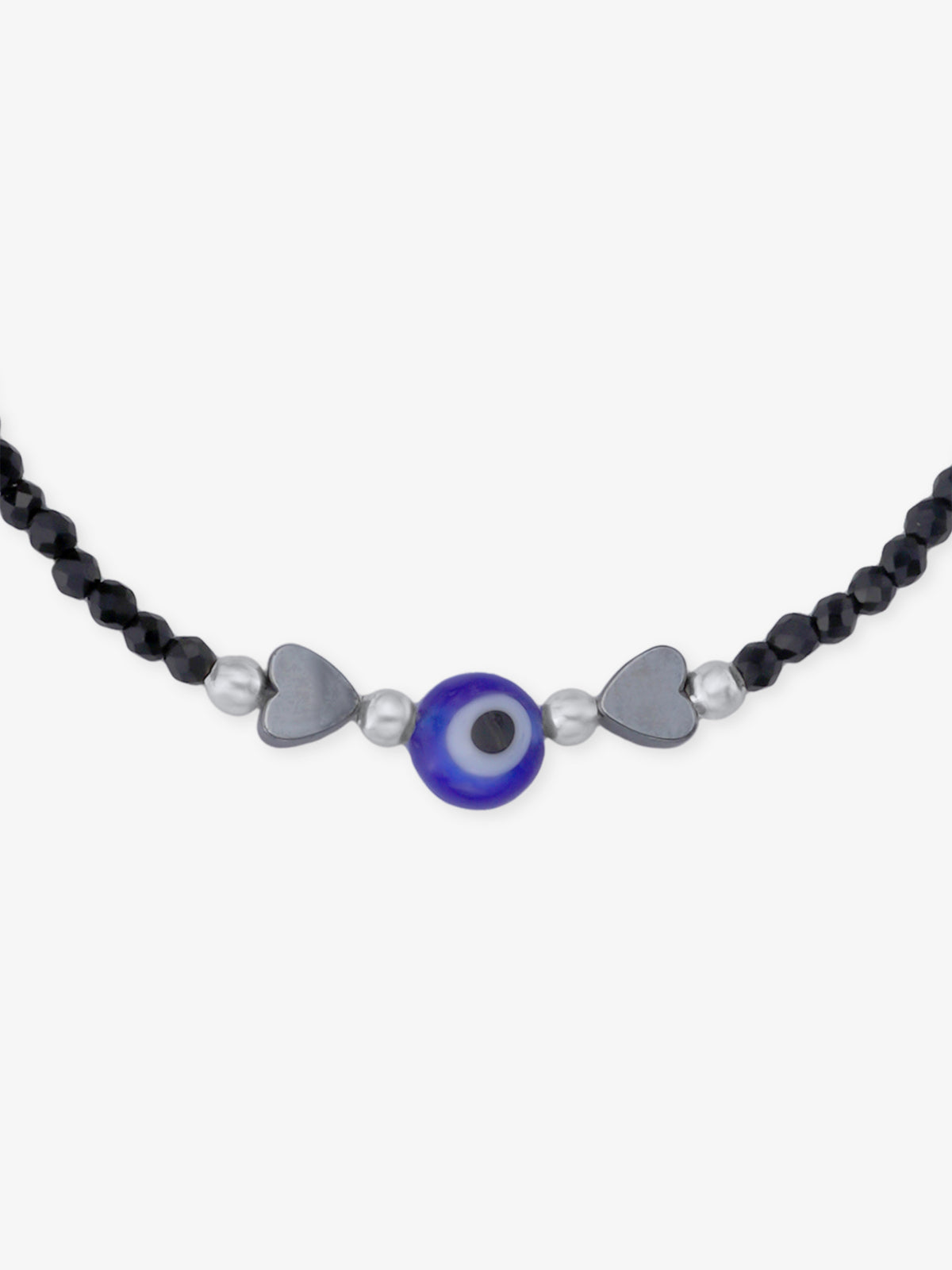 Detailed view of SIJA 925 Silver Evil Eye & Heart Black Beaded Kids Bracelet highlighting ornamental finish polished sterling silver craftsmanship delicate bead setting