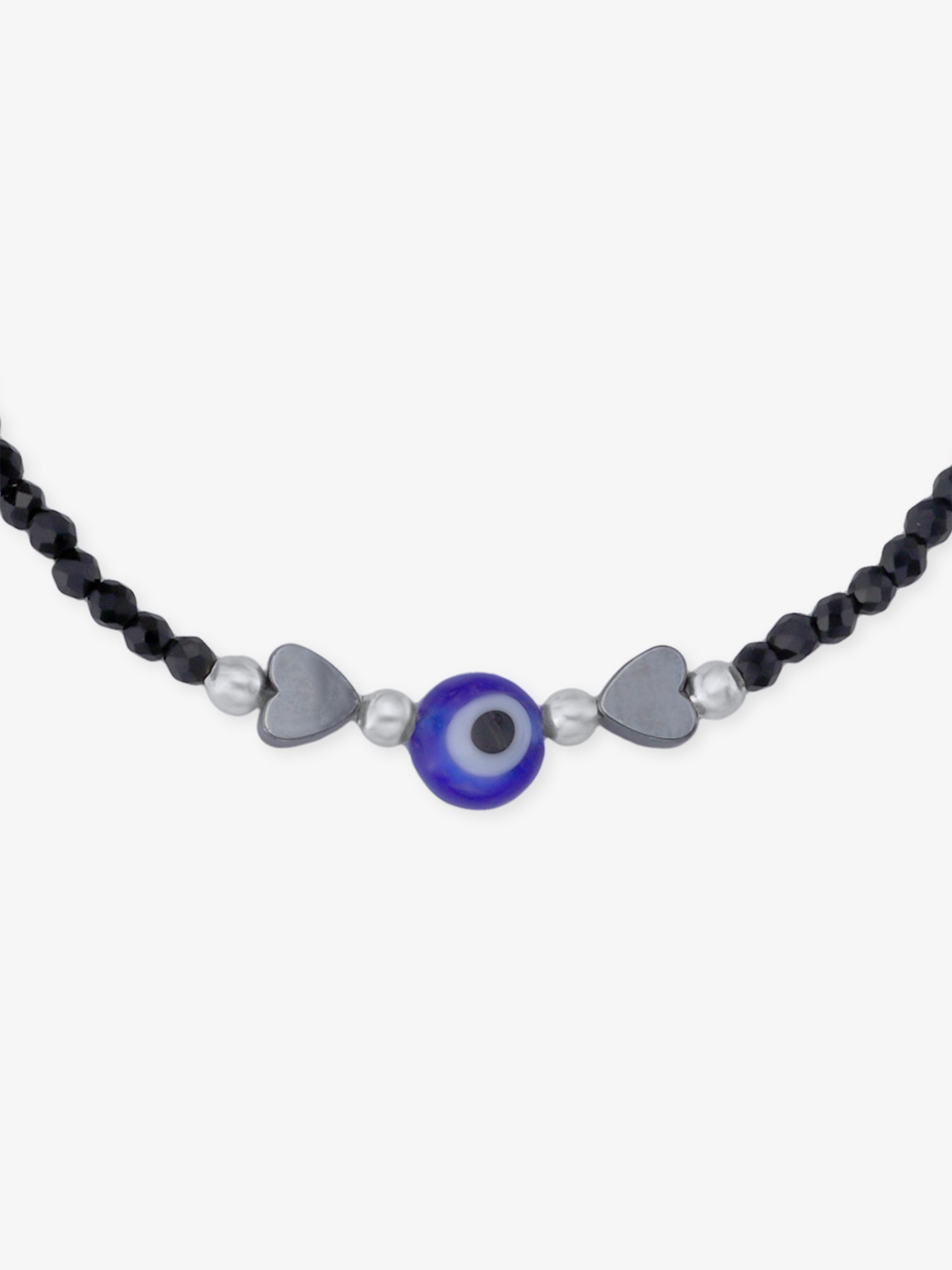 Detailed view of SIJA 925 Silver Evil Eye & Heart Black Beaded Kids Bracelet highlighting ornamental finish polished sterling silver craftsmanship delicate bead setting
