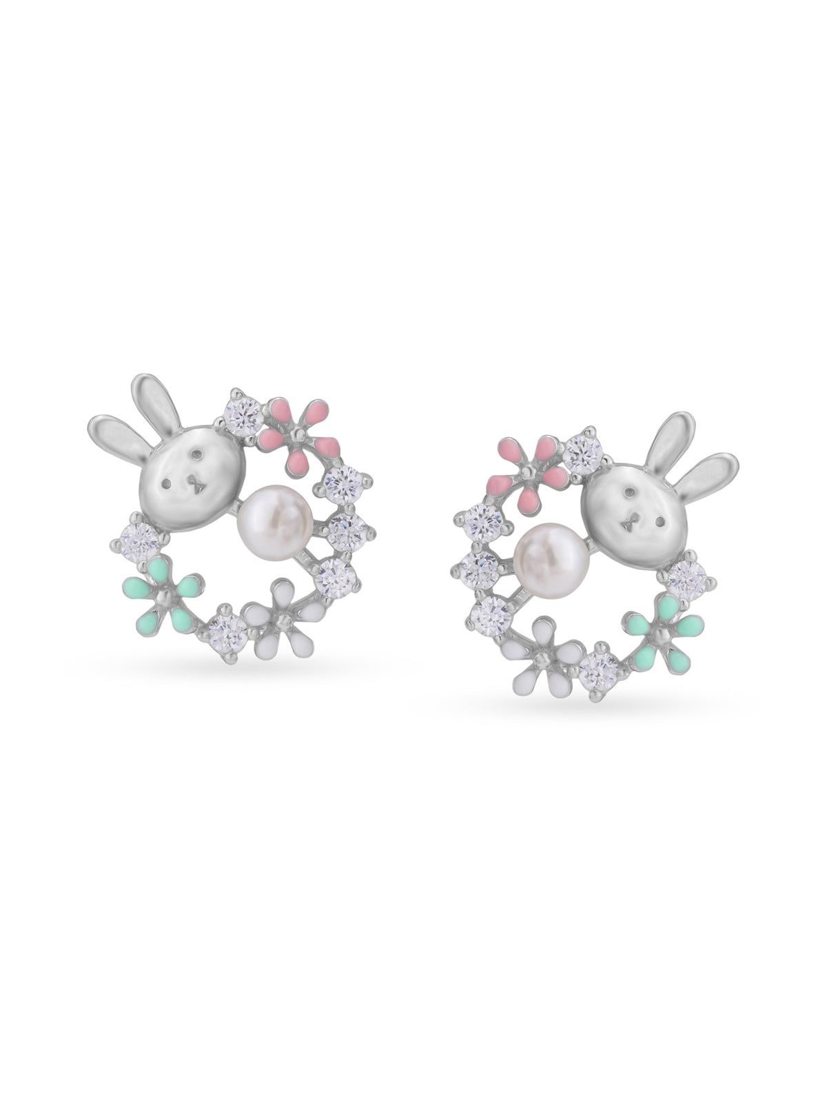Detailed close up of SIJA Floral Bunny Stud showing sparkling stones with delicate bunny and floral motif craftsmanship