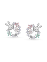 Detailed close up of SIJA Floral Bunny Stud showing sparkling stones with delicate bunny and floral motif craftsmanship