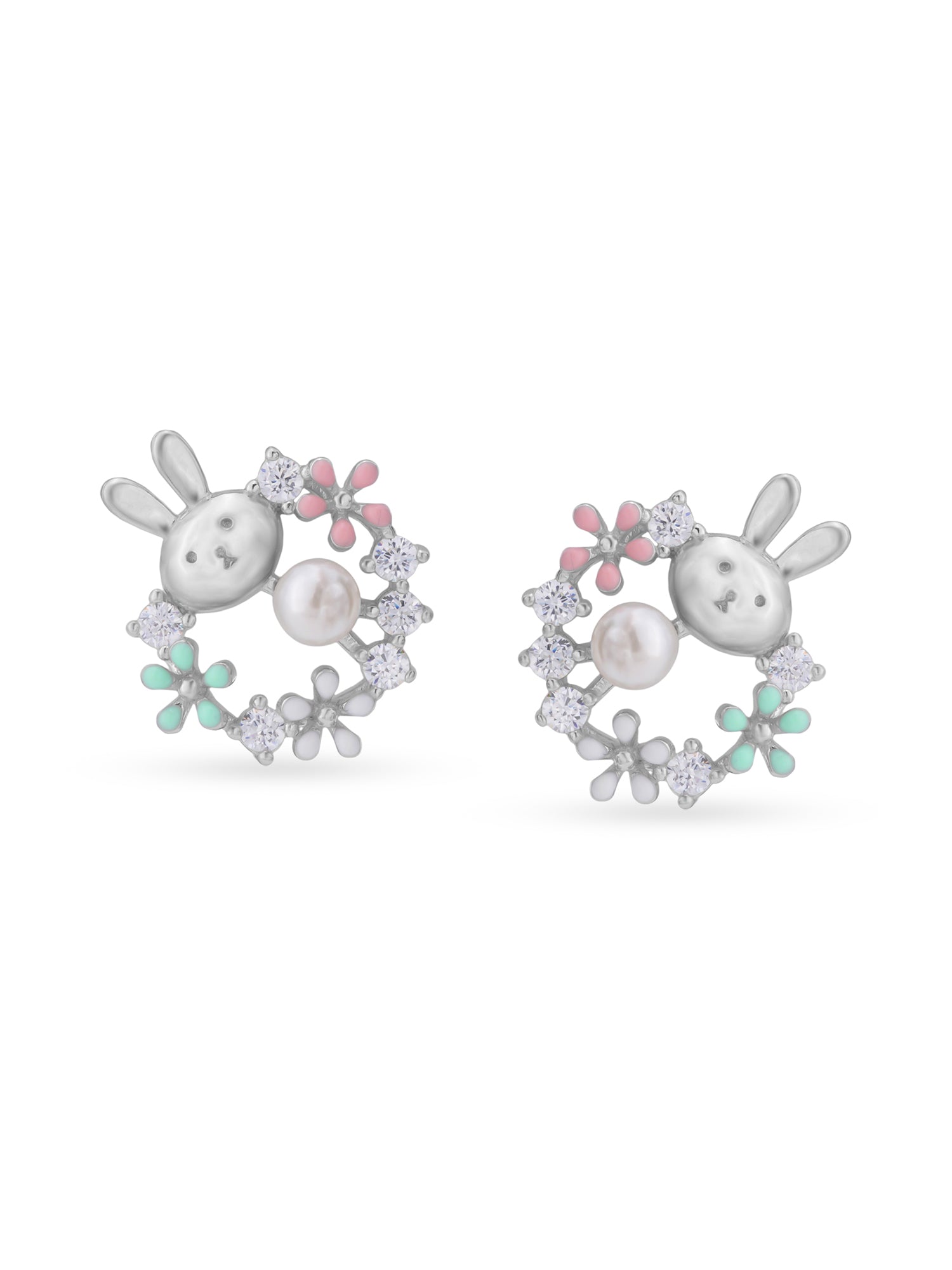 Detailed close up of SIJA Floral Bunny Stud showing sparkling stones with delicate bunny and floral motif craftsmanship