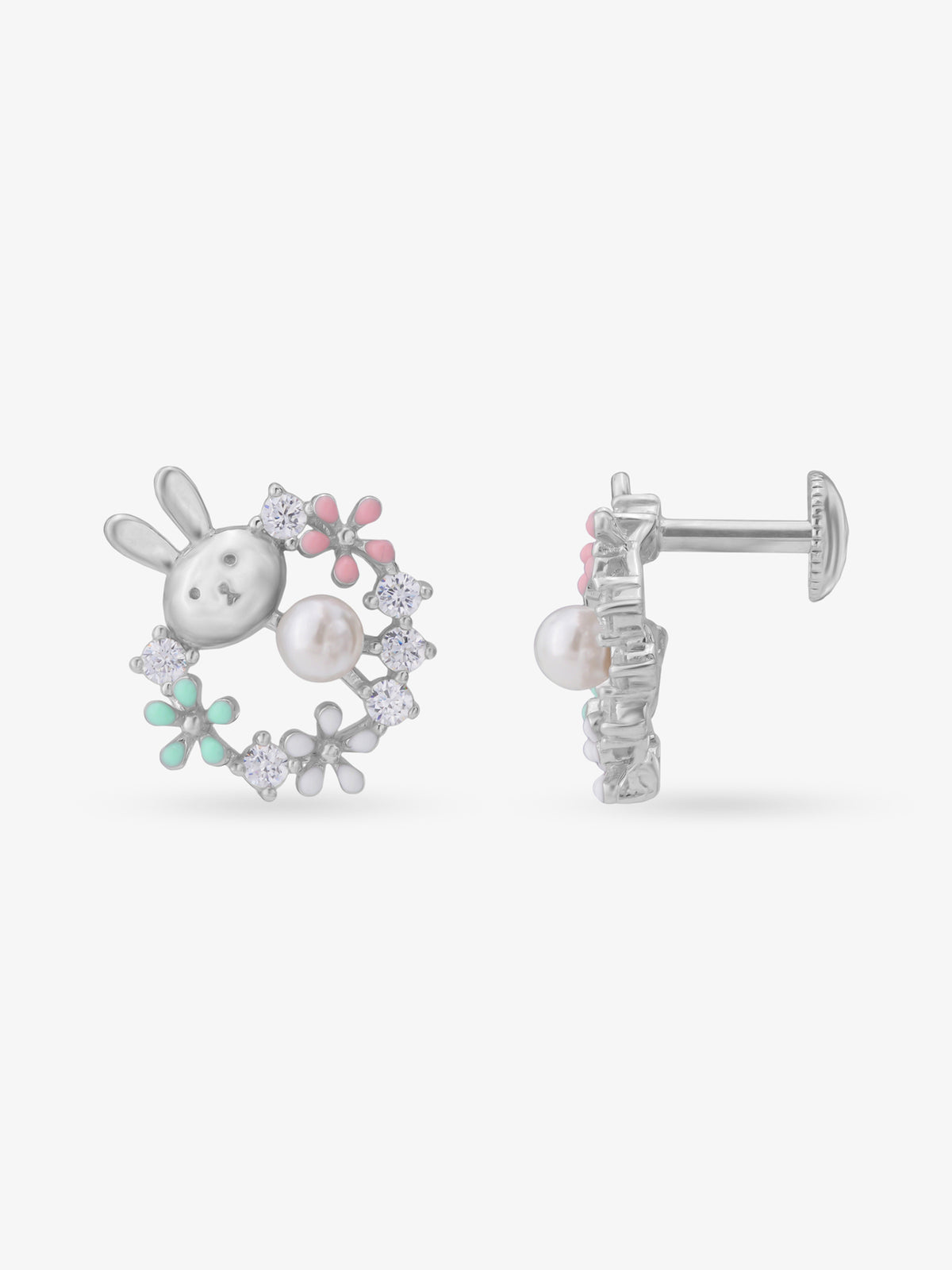 Side view of SIJA 925 Silver Floral Bunny Stud highlighting sleek silver setting with bunny and floral charm