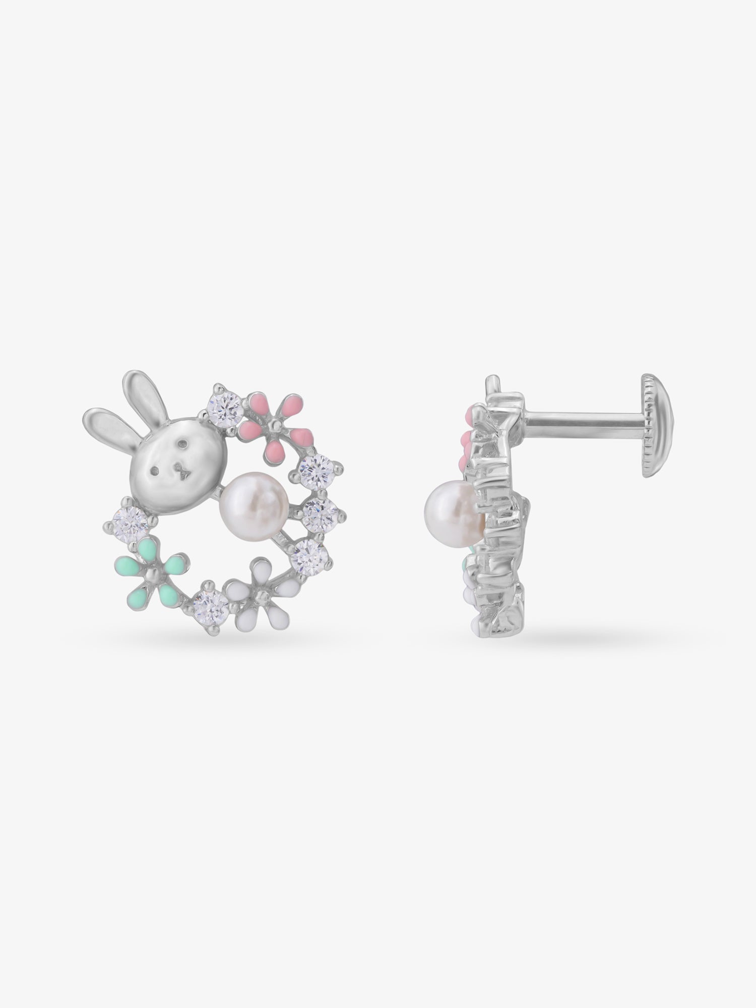 Side view of SIJA 925 Silver Floral Bunny Stud highlighting sleek silver setting with bunny and floral charm